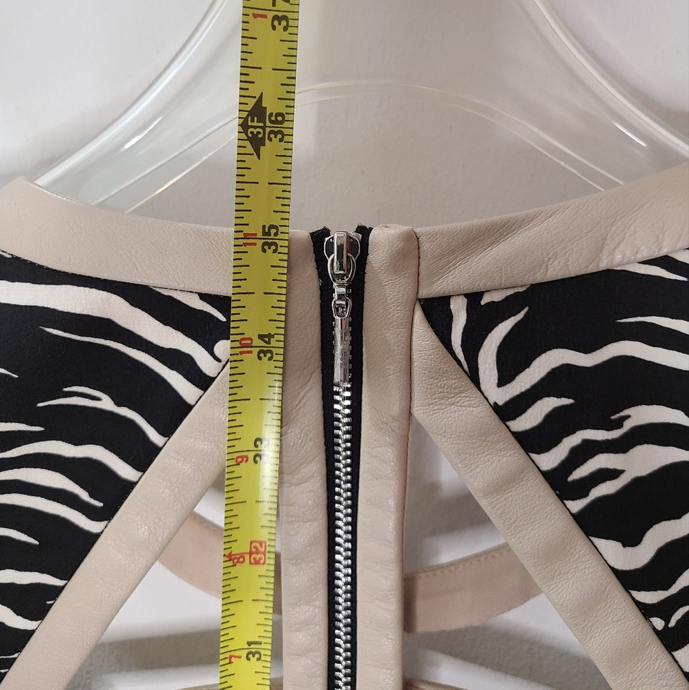 REBECCA TAYLOR Leather Trim Cage Dress Black/Cream Silk Tiger Print Sz 8 - Picture 11 of 13